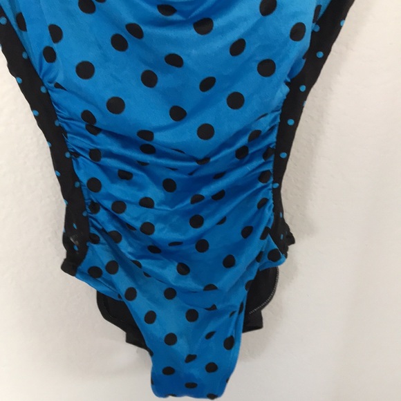 ROSE MARIE REID ONE PIECE SWIMSUIT BLUE & BLACK POLKA DOTS SIZE 10 - Picture 2 of 7